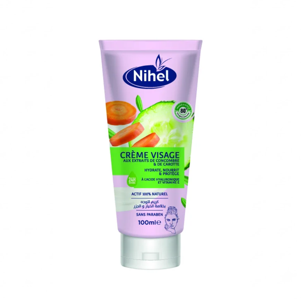 NIHEL crème visage concombre carotte éclat 100ml Tunisie NIHEL crème visage concombre carotte éclat 100ml Tunisie